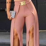 Yipinpay Women Solid Long Slit Pants With Belt Sexy Casual Pants Fashion Pants