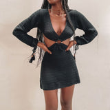 Yipinpay Crochet Beach Dress Solid Color/ Striped Backless Bikini Cover Ups V-Neck Long Sleeve Short Dress Elegant Party Club