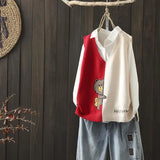 Yipinpay and autumn new simple color matching knitted vest women loose wild V-neck cartoon pattern knitted sweater