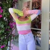 Yipinpay Autumn New Color Block Sweaters Chic Hollow Long Sleeve Square Collar Knitted Pullover Crop Tops Fashion Slim Tops