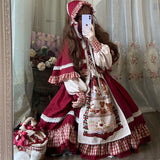 Yipinpay Sweet Girl Lolita Set Women Dress Patchwork Red Dress with Cloak Cute Female Kawaii Cosplay Japanese Dress