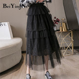 Yipinpay Lace Tulle Skirt Women Solid Summer Long White Black Tutu Skirts A Line Skirt Laides Elegant High Waist Elastic Faldas