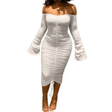 Yipinpay Dress Fall Winter Clothes 2023 Off Shoulder Sexy Bodycon Long Sleeve Ruched Sheath Dress with Drawstring Prom Night Club