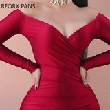 Yipinpay Women Chic Solid Off Shoulder Long Sleeves Wrap Mini Bodycon Party Red Dress