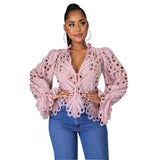 Yipinpay African Shirts For Women 2023 New Elegant Long Sleeve Hollow Out Mesh Lace Shirt Sheer See Through Top Blouse Clothing