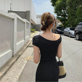 Yipinpay Chic Fashion Summer Slim Wrap Hip Black O Neck Short Sleeve Split Dress Women Cotton All-match Clothing Vestidos Mujer