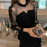 Yipinpay Winter Evening Party Dress Women Lace Design Korean Fashion Vintage Y2k Midi Dress Long Sleeve Black Cupcake Dress Female