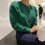 Yipinpay Button Puff Sleeve Knitted Sweater Korean Style women Pullover Femme Longue Tricot Crop Autumn Harajuku Black Jumper Green