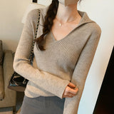 Yipinpay Lapel Folded Into Solid Color Long-Sleeved Knitted Sweater A New Style V-Collar Underwear In Autumn And Winter