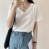 2025 Summer New Threaded Pure Color Short-Sleeved Knitted V-Collar T-Shirt Design Feeling Bottomed Blouse