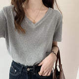 2025 Summer New Threaded Pure Color Short-Sleeved Knitted V-Collar T-Shirt Design Feeling Bottomed Blouse