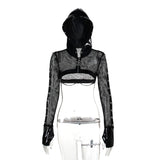 Yipinpay Summer New Dark Wind Personality Trend Self-Building Leather Printed Mesh Hoodie Blouse Women's Dress