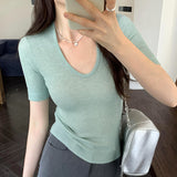 U Straight Shoulder Ice Silk Knitted Short-Sleeved T-Shirt Women 2024 Summer Thin Style Bottomed Shirt Slim Short Blouse