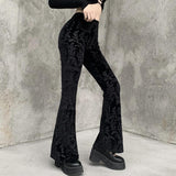 Yipinpay Dark Retro Spring Black Bell-Bottomed Women's Wear Spring Suede Embossed Leisure Trousers