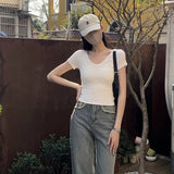 Solid Color V-Neck Straight Shoulder T-Shirt Women's Short-Sleeved Slimming Style Summer New Exposed Collarbone Blouse