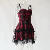 Yipinpay Dark Wind Summer New Gothic Plaid Style Girdle Waist-Deep V Suspender Dress Woman