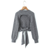 Yipinpay New Street Style Open-Back Knitted Sweater In Autumn Is Tied With A Bow.