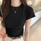 Retro Spice Girl Shoulder Short-Sleeved T-Shirt A New Summer Style Short Blouse With Solid Color And Slim Figure