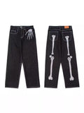Yipinpay Street Skeleton Black Jeans Men's Hip-Hop Straight Loose Harajuku Casual Floor Jeans