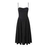 Yipinpay New Spring Style Square Collar Three-Dimensional Steel Ring Waist Shows Thin Pleated Dress