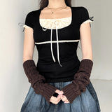 Street Fashion Winter Ebay Color Splicing Lace Square Tie Fresh And Sweet Blouse Girl