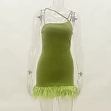 Yipinpay Hairy Pendulum Slanted Shoulder Strap Hip Dress Sexy Slim Spicy Girl Bare Back Fashion Skirt