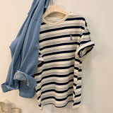 Shoulder Striped Short-Sleeved Embroidered T-Shirt Women's Summer New Design Chic Loose Leisure All-Purpose Commuter Shirt