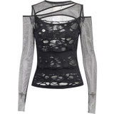 Yipinpay Autumn New Personality Women's Wear Dark Wind Hot Girl Sexy Slim Grid Hole Long-Sleeved Top Girl