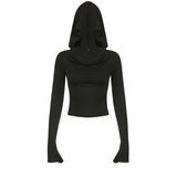 Dark, Windy Collar, Shoulder Sexy, Hooded Blouse, 2025 Slim, Solid Color, Long-Sleeved T-Shirt.
