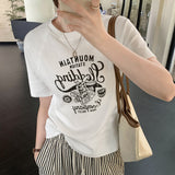 Vintage European High-End Print Loose Shoulder-Inserting Short-Sleeved T-Shirt Women's Summer 2024 New Blouse
