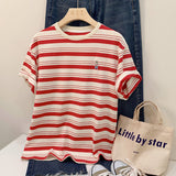 Shoulder Striped Short-Sleeved Embroidered T-Shirt Women's Summer New Design Chic Loose Leisure All-Purpose Commuter Shirt