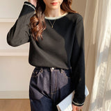 Yipinpay Long-Sleeved T-Shirt Women's New Design Is Full Of Impact Color Round-Neck Waffle Top And Bottom Shirt.