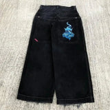 Yipinpay Street Boy Jeans Y2K Hip-Hop Cartoon Embroidery Vintage Blue Jeans Pants Man