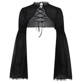 Yipinpay Dark Goth Bow Tie Lace Blouse Spring Fashion Trumpet Sleeve Casual Blouse