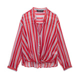 Yipinpay Spring Style Knot Striped Translucent Long-Sleeved Shirt 3333244