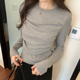 Yipinpay Sense Minority Pleated Long-Sleeved T-Shirt Women's Autumn And Winter New Slim And Thin Short Style Top With Bottom