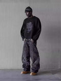 Yipinpay Loose Wide-Leg Retro American High-Set Retro Black Patchwork Hole Jeans Hip-Hop