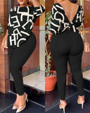 Yipinpay Autumn New Women's Fashion Leisure Bare-Back Printed Trousers Suit