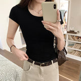 Pure Sexy U-Collar Shoulder Short-Sleeved T-Shirt Girls 2024 Summer New Spicy Girls Wear Slim European Blouses