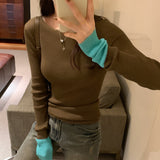 Yipinpay Version Of Chic Round Neck, Coloured Sleeves, Knitted Sweater, Autumn And Winter, A New Slim, Thin, Underwear Sweater