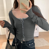 Yipinpay Small Number Of Hot Girls Press Button Low-Collar Retro Cardigan Blouse Women's Autumn New Style Long-Sleeved T-Shirt