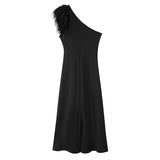 Yipinpay Street Style One-Shoulder Feather Long Slim Dress In Spring 2024