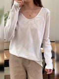 Yipinpay T-Shirt Women's Long-Sleeved Undershirt Cotton Loose Open Collarbone U-Collar Blouse