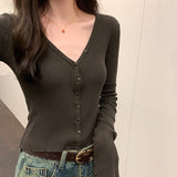 Yipinpay Style Breasted Large V-Necked Knitted Sweater Women's Autumn And Winter New Long-Sleeved Cardigan And Short Blouse