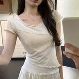 Korean Minority Design Temperament Texture Fabric Spliced Shoulder Short-Sleeved T-Shirt Women's Summer 2024 New Blouse