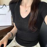 U Straight Shoulder Ice Silk Knitted Short-Sleeved T-Shirt Women 2024 Summer Thin Style Bottomed Shirt Slim Short Blouse