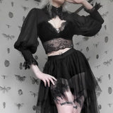 Yipinpay Temperament Lace Edge Design Dark Court Style Full-Color Women's High-Necked Blouse