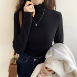 Agaric Edge Long-Sleeved Blouse 2025 Early Spring New Women's T-Shirt White Threaded High-Neck Bottomed Shirt
