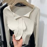 2025 New Spring And Autumn Style Solid Color Semi-Open-Necked Blouse With Split Sleeves And Slimming Short Style With Bottom Shirt