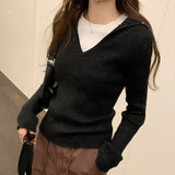 Yipinpay Lapel Folded Into Solid Color Long-Sleeved Knitted Sweater A New Style V-Collar Underwear In Autumn And Winter